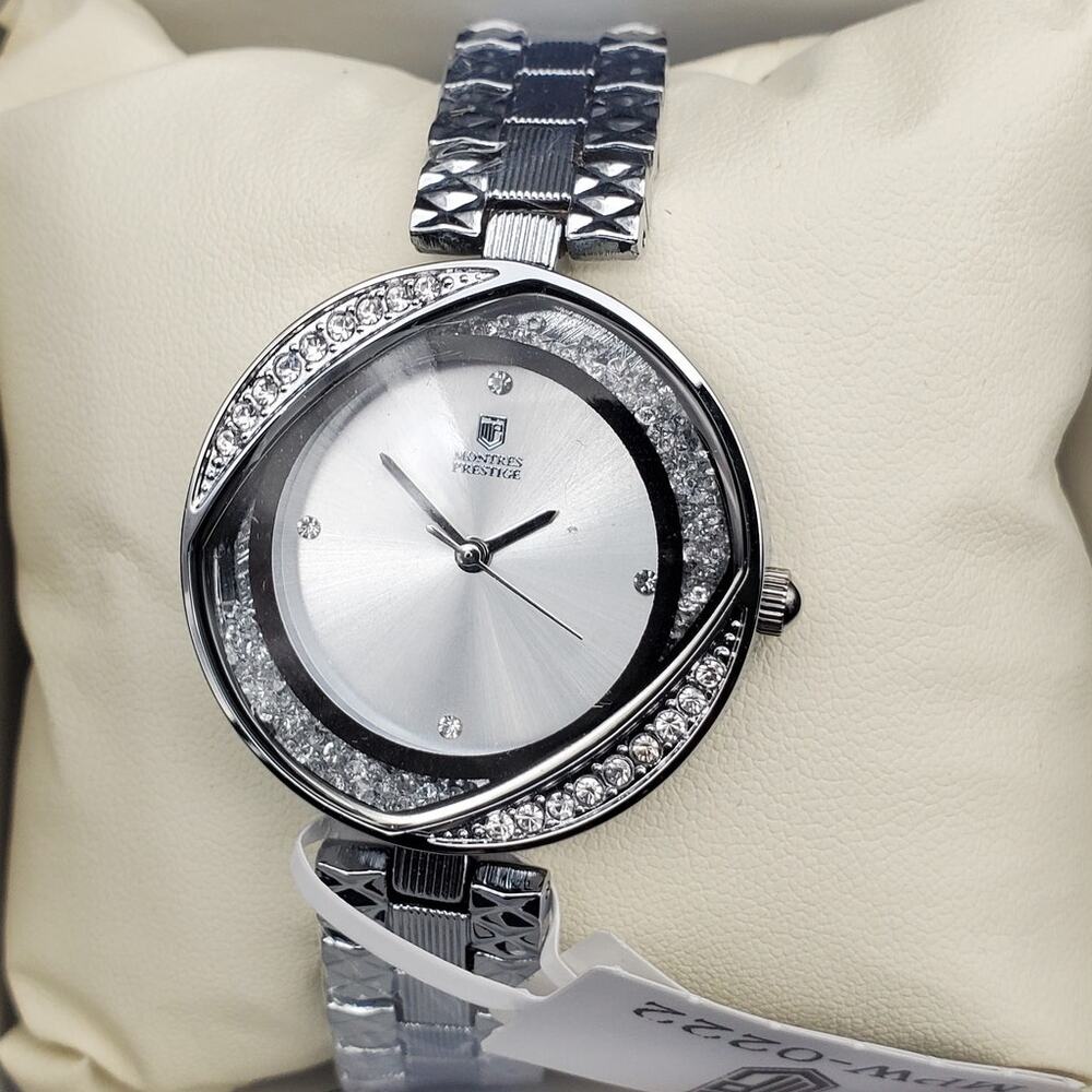 Montres Prestige Women’s Silver Tone Crystal Rhinestone Bracelet Watch Boxed